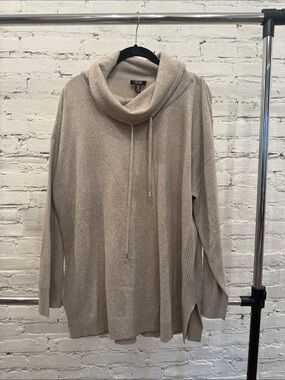 Jones New York Taupe Cowl Neck Drawstring Sweater